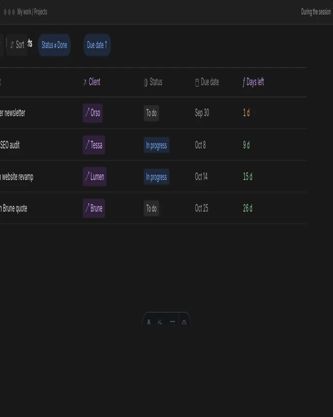 After: the table is filtered, linked to clients, scored with a formula, and sorted