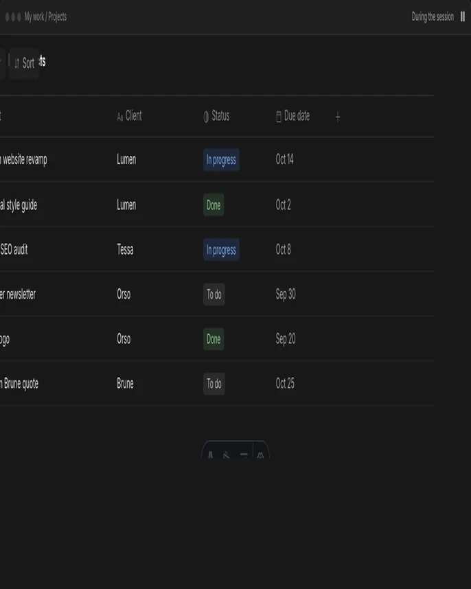 Before: a freelance project table with no filter, relation, formula, or sort
