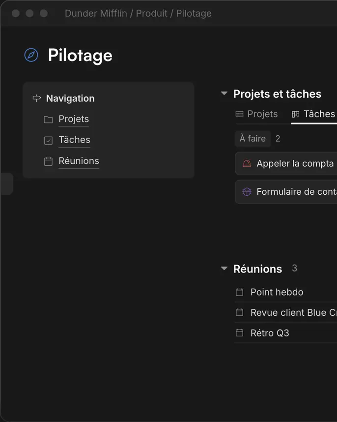 Espace Notion après : projets, tâches et réunions reliés dans une page de pilotage